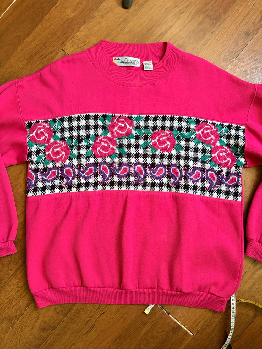 Vintage 90s Lauren Brooke houndstooth rose knit panel pink sweatshirt - Picture 5 of 10